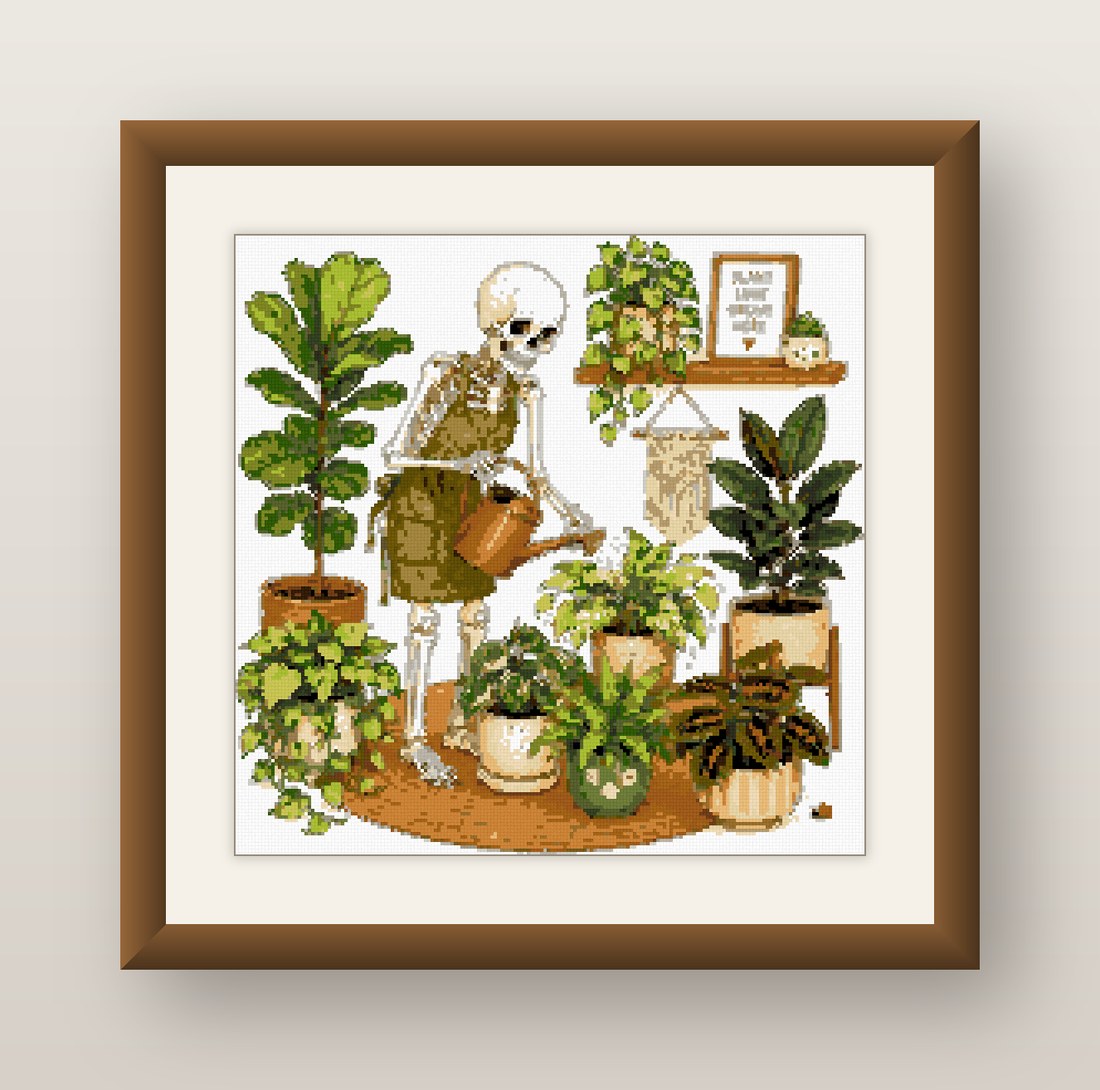 Plant Lady Skeleton Cross Stitch Pattern, Houseplant Goth Humor PDF