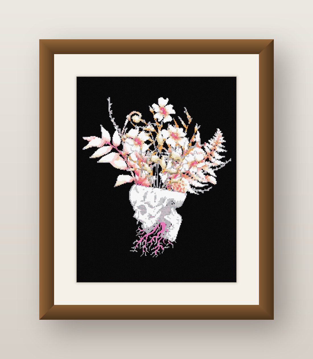 Floral Skull Cross Stitch Pattern, Flower Bouquet Goth Botanical PDF