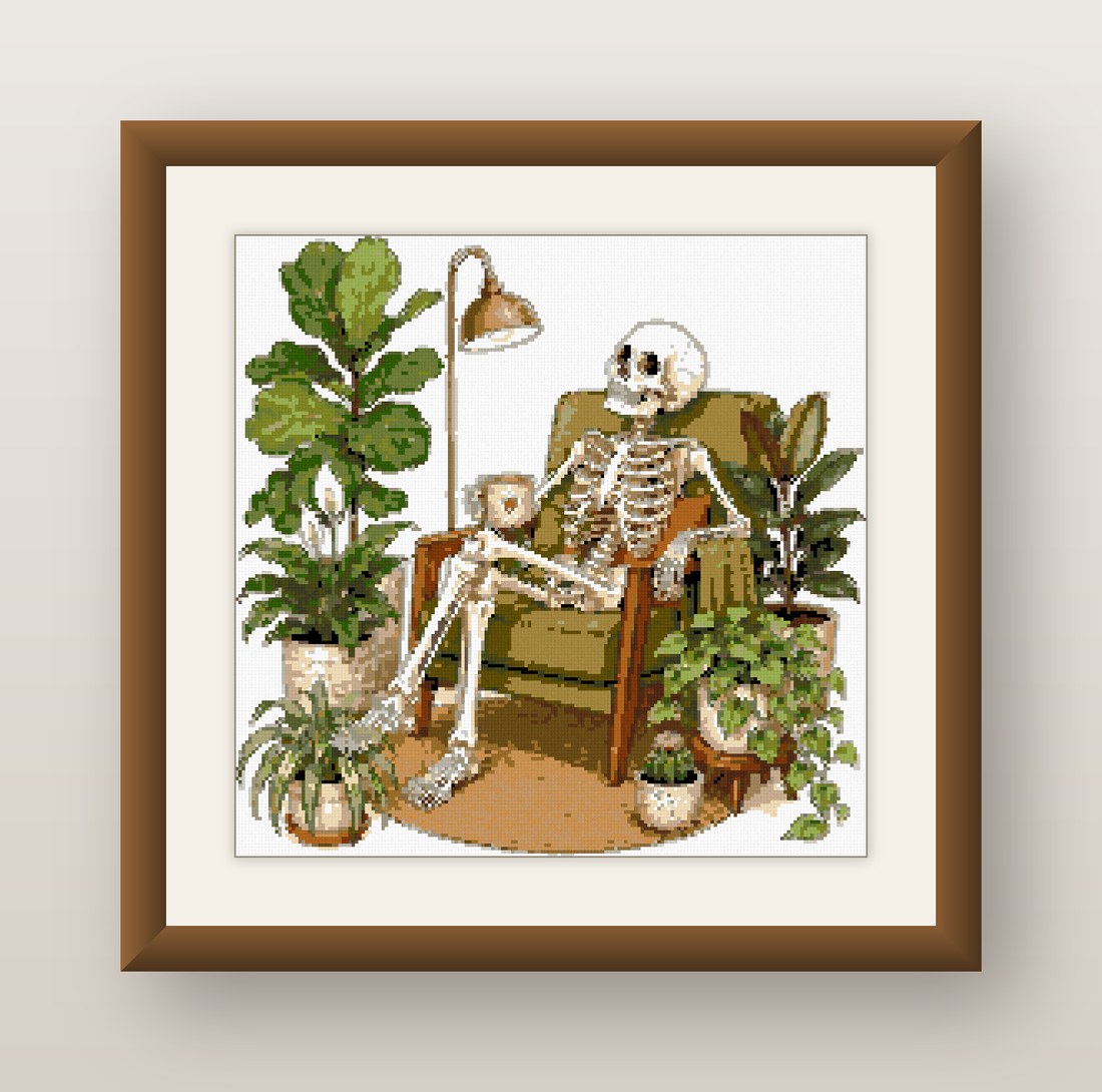Plant Lady Skeleton Cross Stitch Pattern, Houseplant Lounge Humor PDF