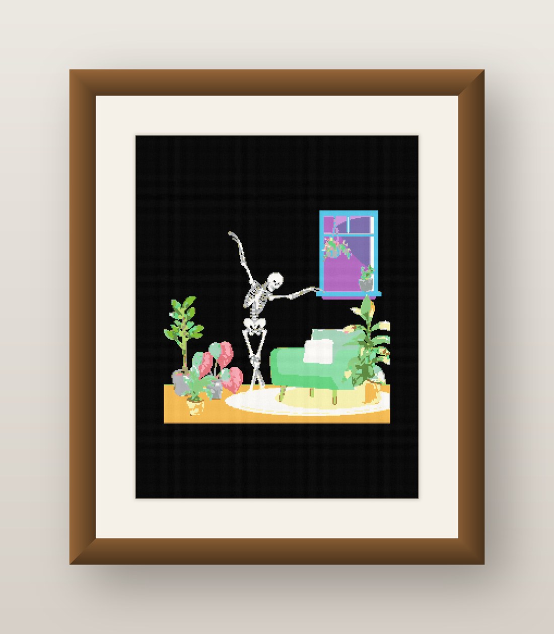 Skeleton Cross Stitch Pattern, Vanity Mirror Plants Goth Black PDF