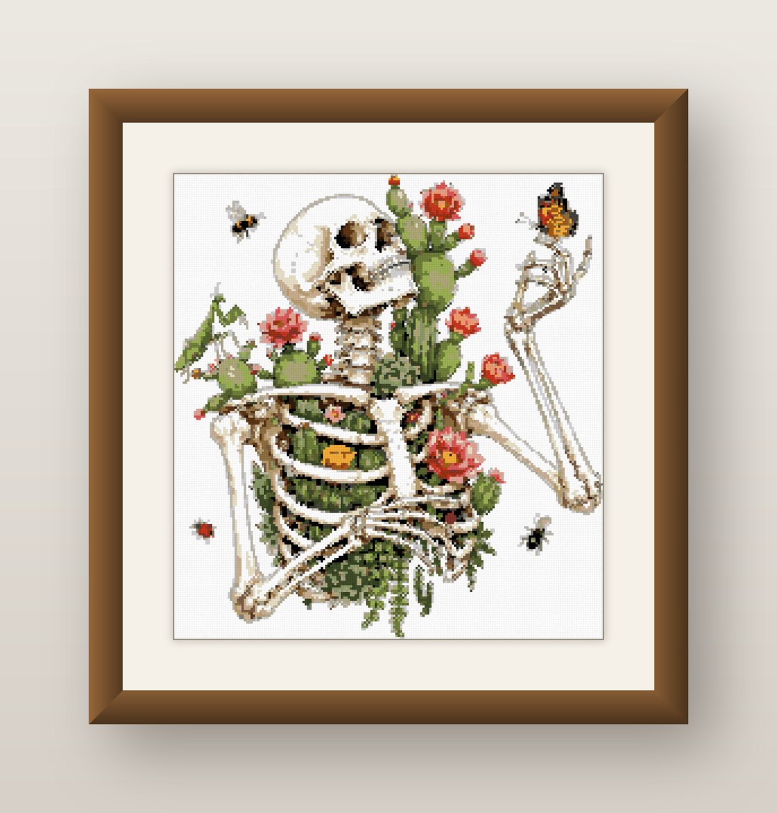 Wildflower Skeleton Cross Stitch Pattern, Cactus Bloom Goth Botanical PDF