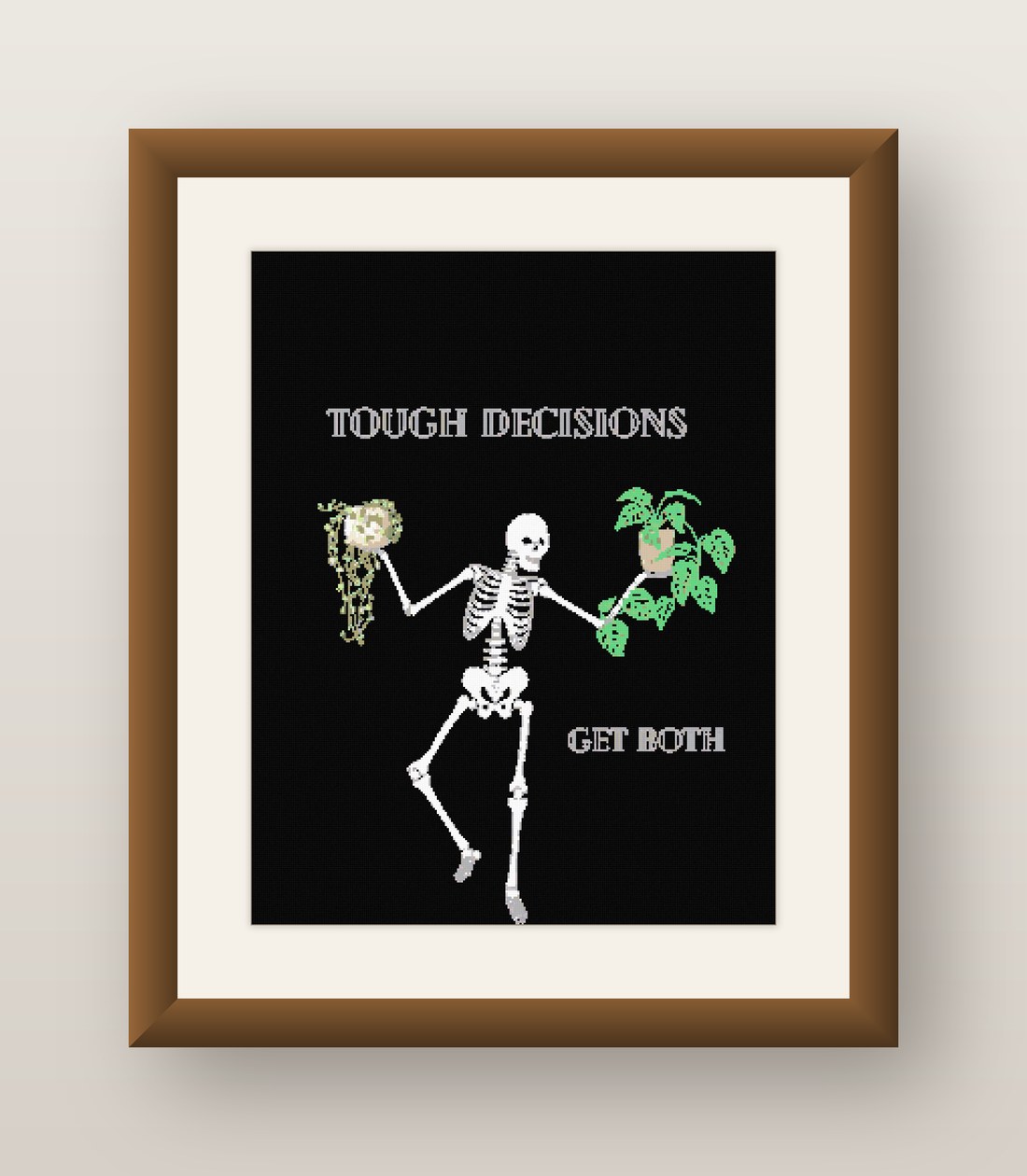Tough Decisions Cross Stitch Pattern, Skeleton Plant Pun Goth PDF