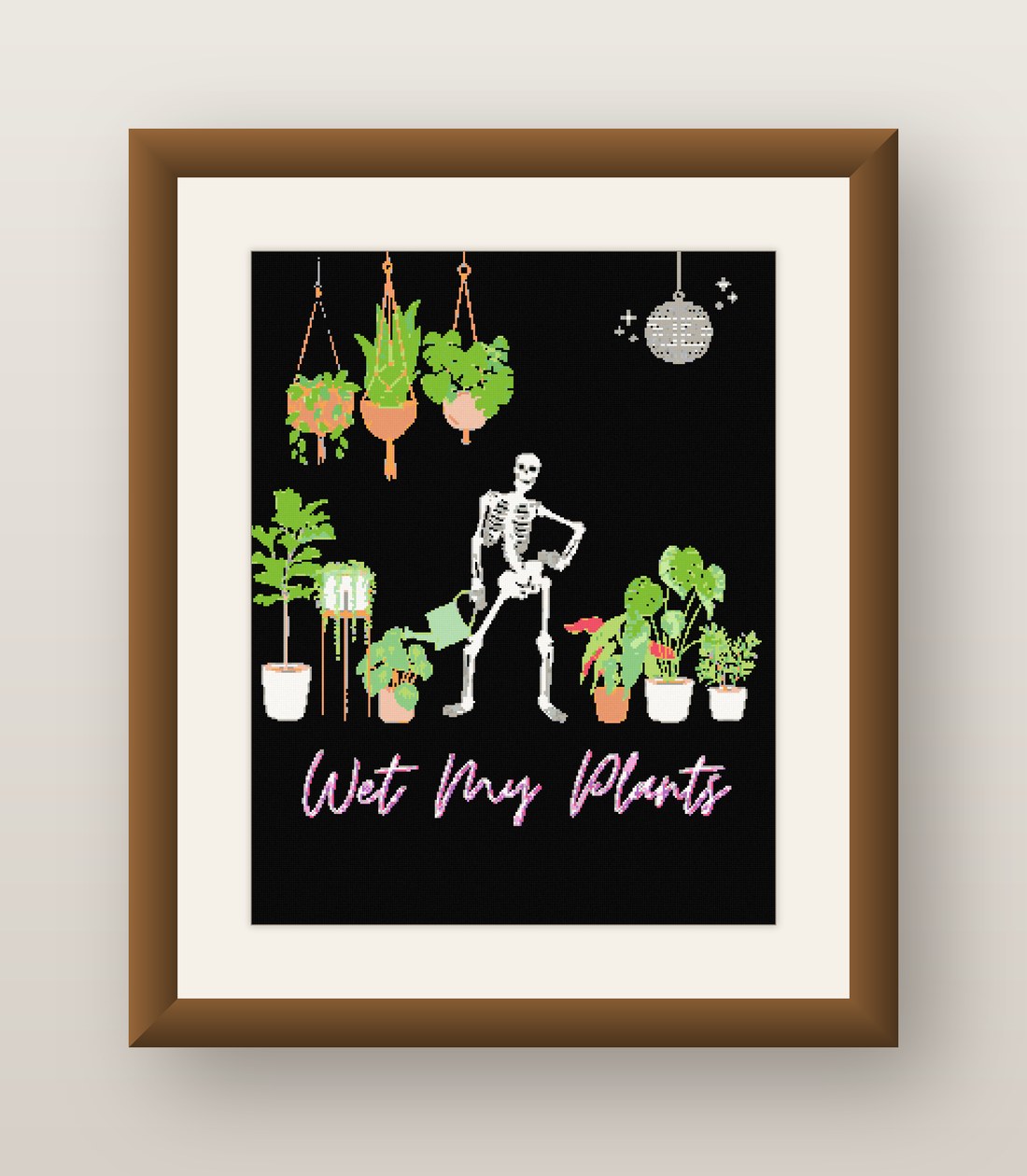 Wet My Plants Cross Stitch Pattern, Funny Skeleton Plant Pun PDF