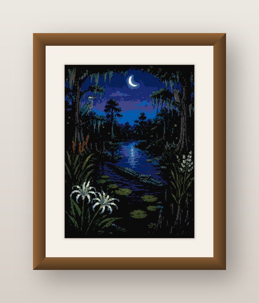 Bayou at Night Cross Stitch Pattern, Moonlit Swamp Heron and Owl PDF