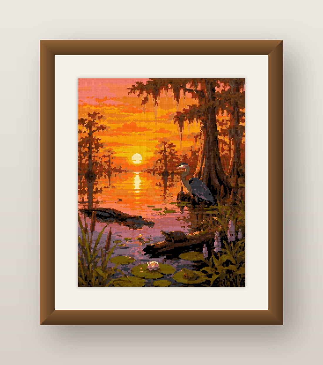 Bayou Sunset Cross Stitch Pattern, Heron Cypress Swamp Landscape PDF