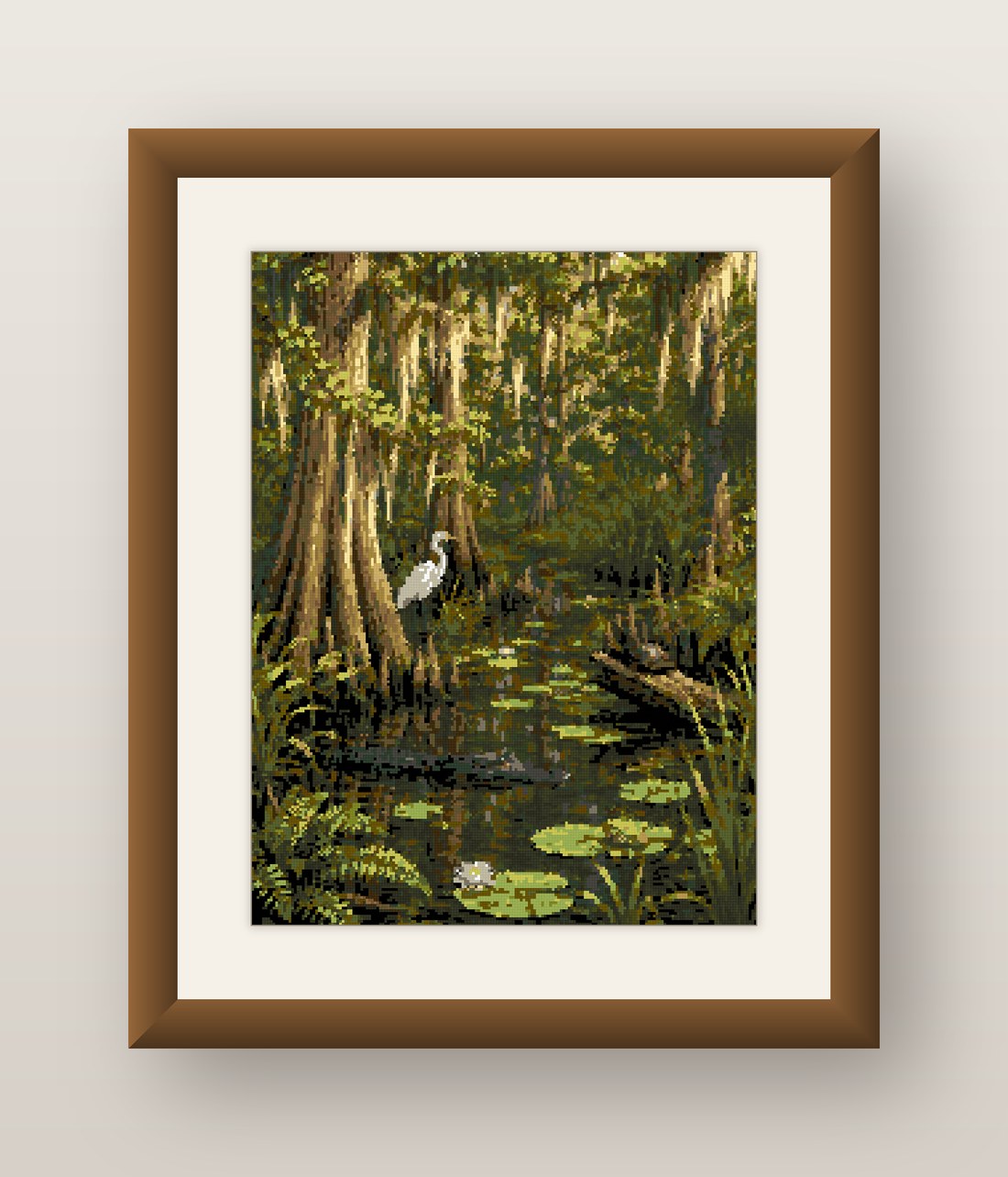 Cypress Swamp Cross Stitch Pattern, White Egret Bayou Wildlife PDF