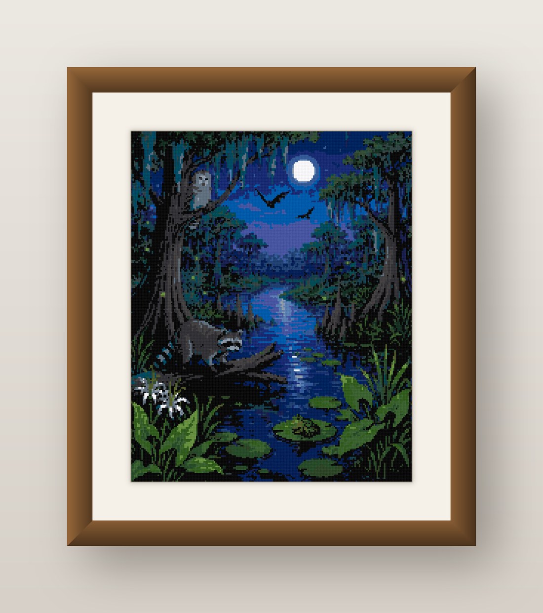 Moonlit Swamp Cross Stitch Pattern, Cypress Bayou Full Moon Night PDF
