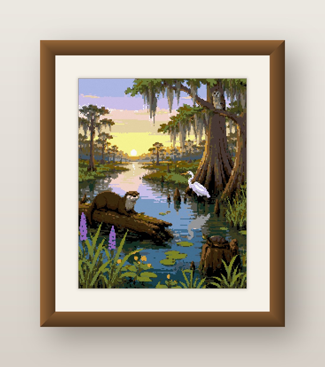 Swamp Sunset Cross Stitch Pattern, Egret Otter Bayou Wildlife PDF