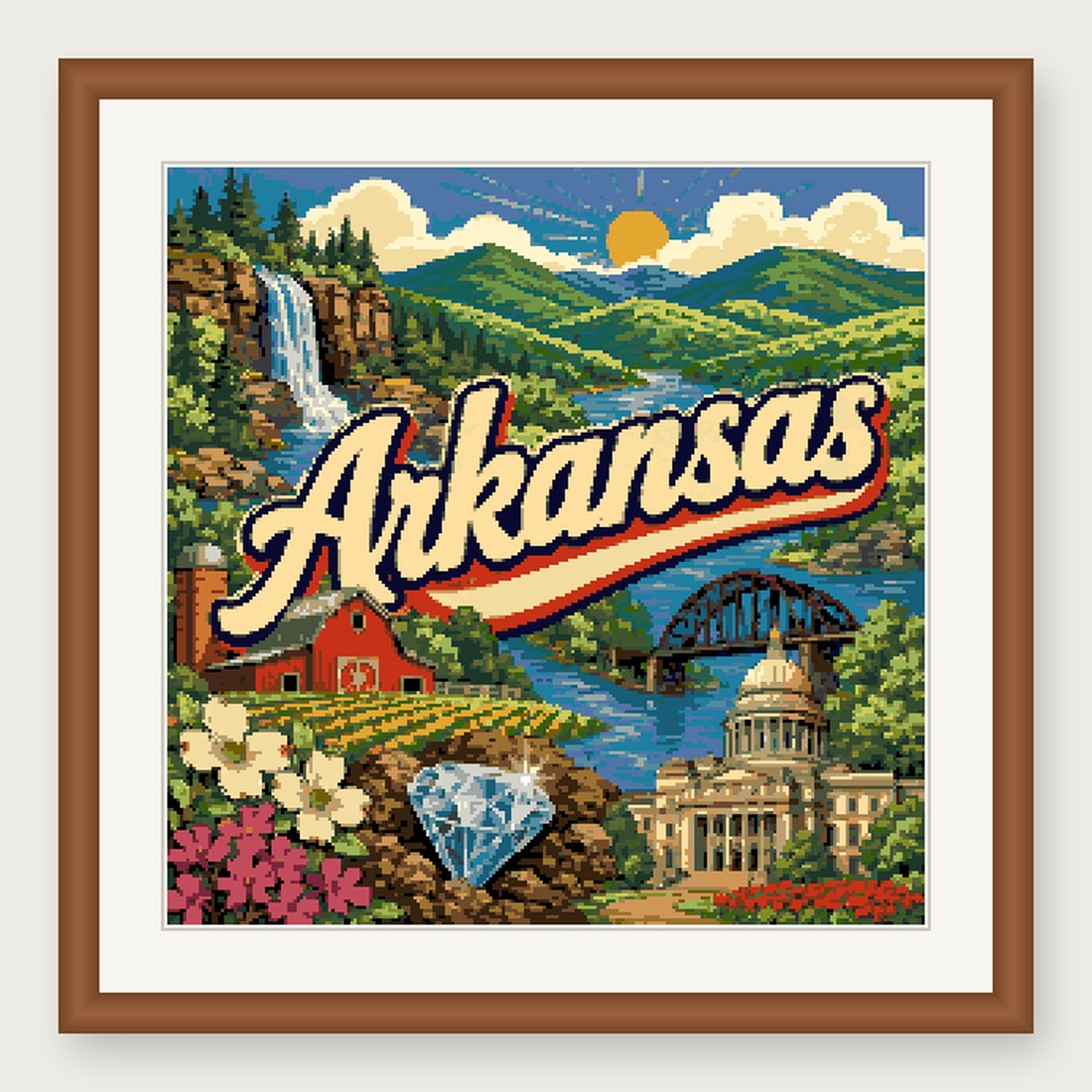 Arkansas State Cross Stitch Pattern, Vintage Travel Poster Souvenir PDF