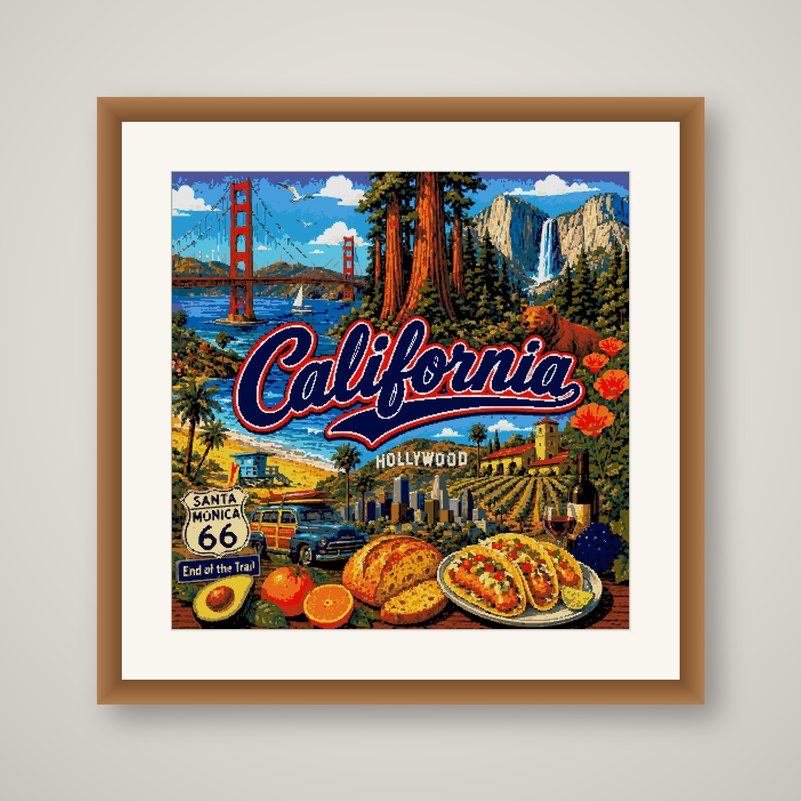 California Cross Stitch Pattern, State Travel Poster Landscape Wall Art PDF