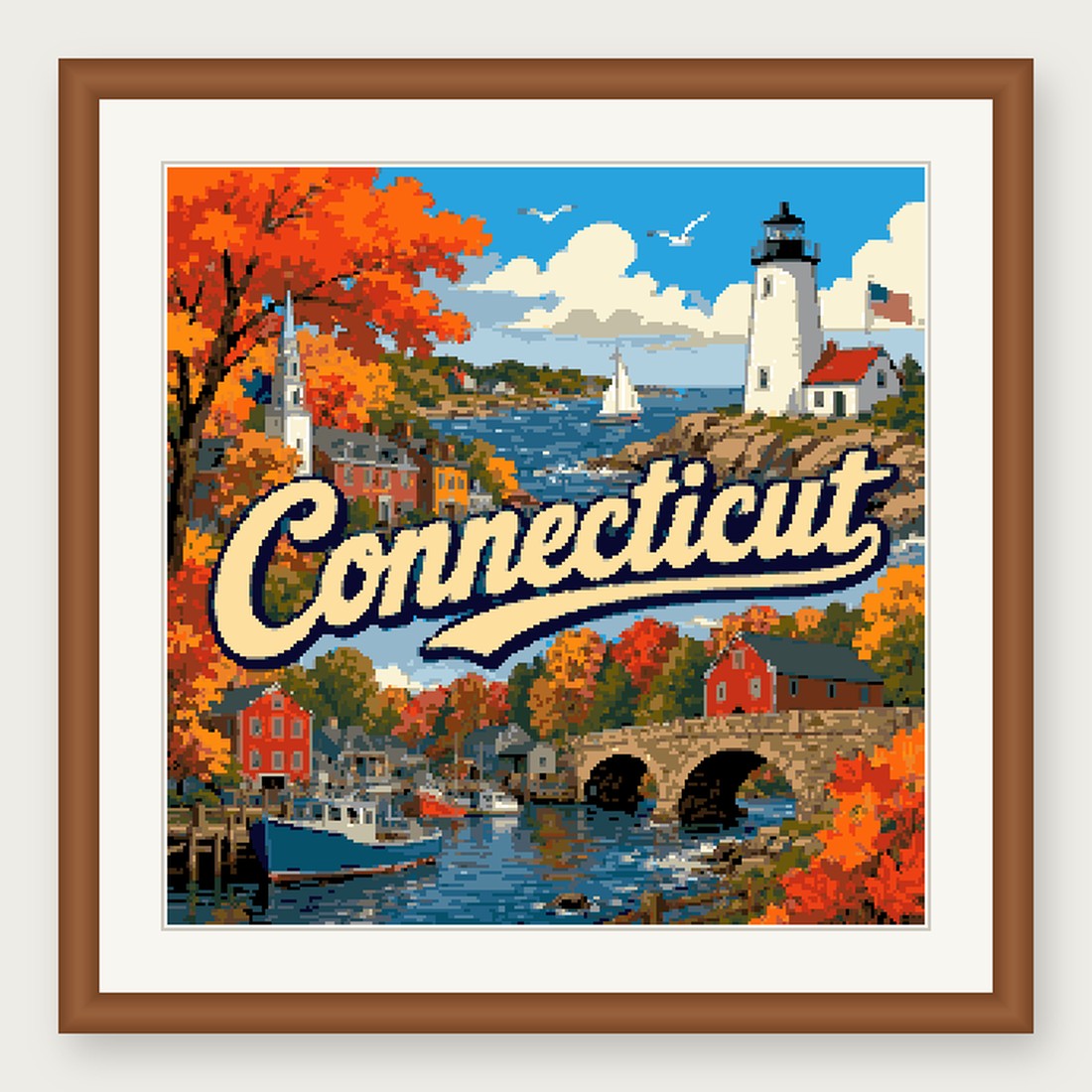 Connecticut State Cross Stitch Pattern, Vintage Travel Poster Souvenir PDF