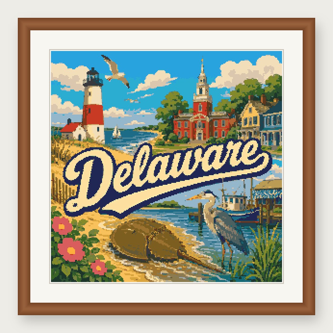 Delaware State Cross Stitch Pattern, Vintage Travel Poster Souvenir PDF