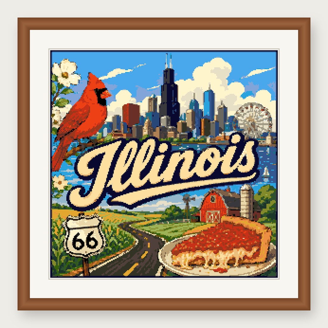 Illinois State Cross Stitch Pattern, Vintage Travel Poster Souvenir PDF