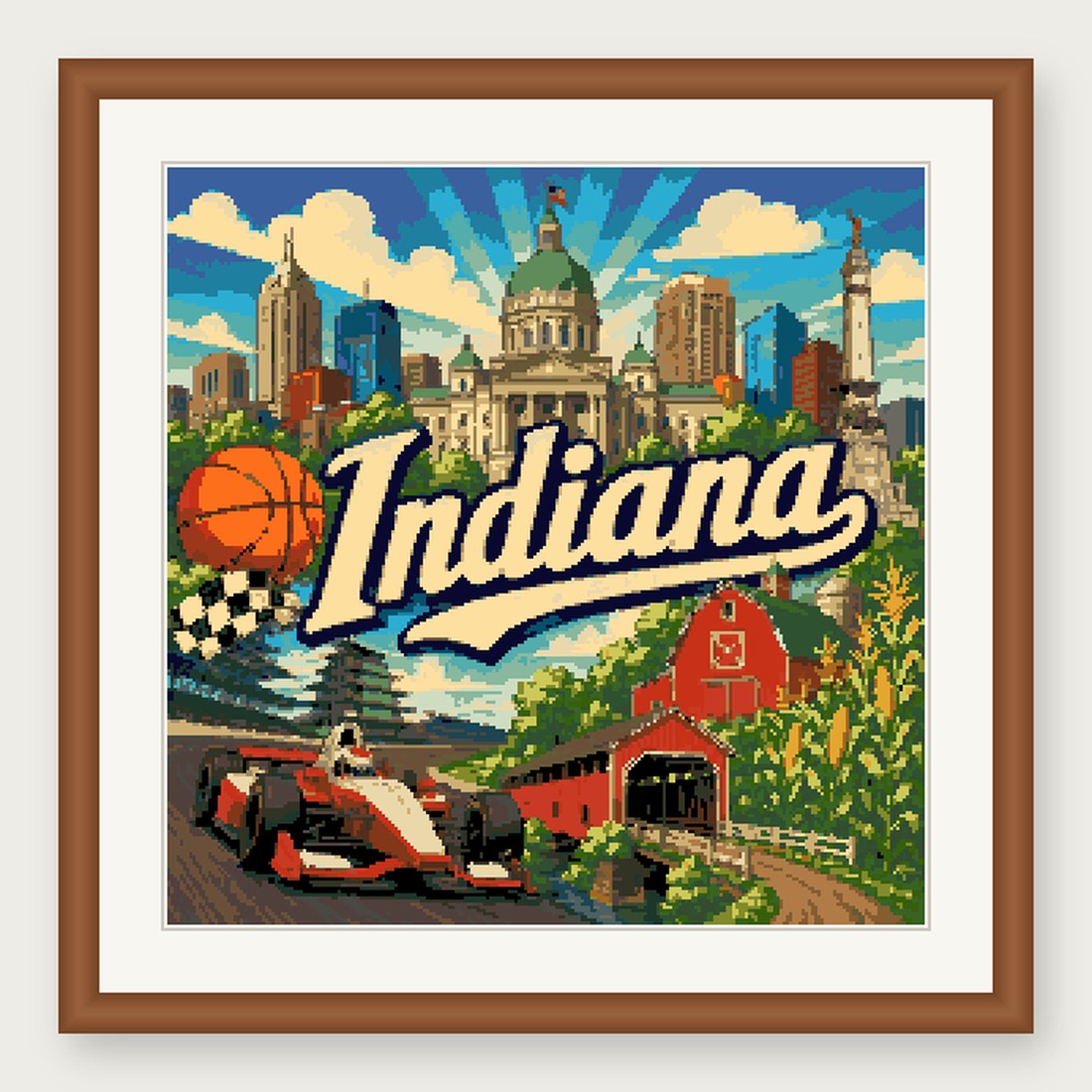 Indiana State Cross Stitch Pattern, Vintage Travel Poster Souvenir PDF
