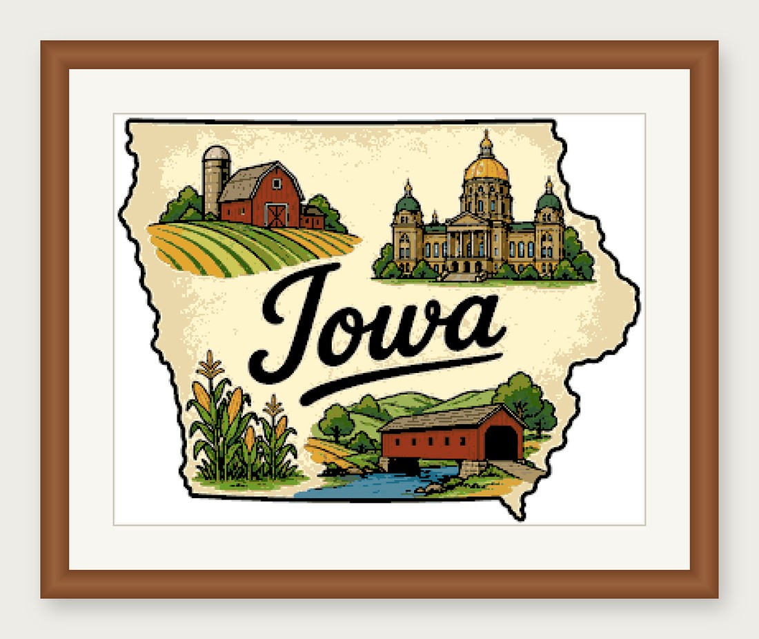 Iowa State Cross Stitch Pattern, State Shape Travel Souvenir PDF