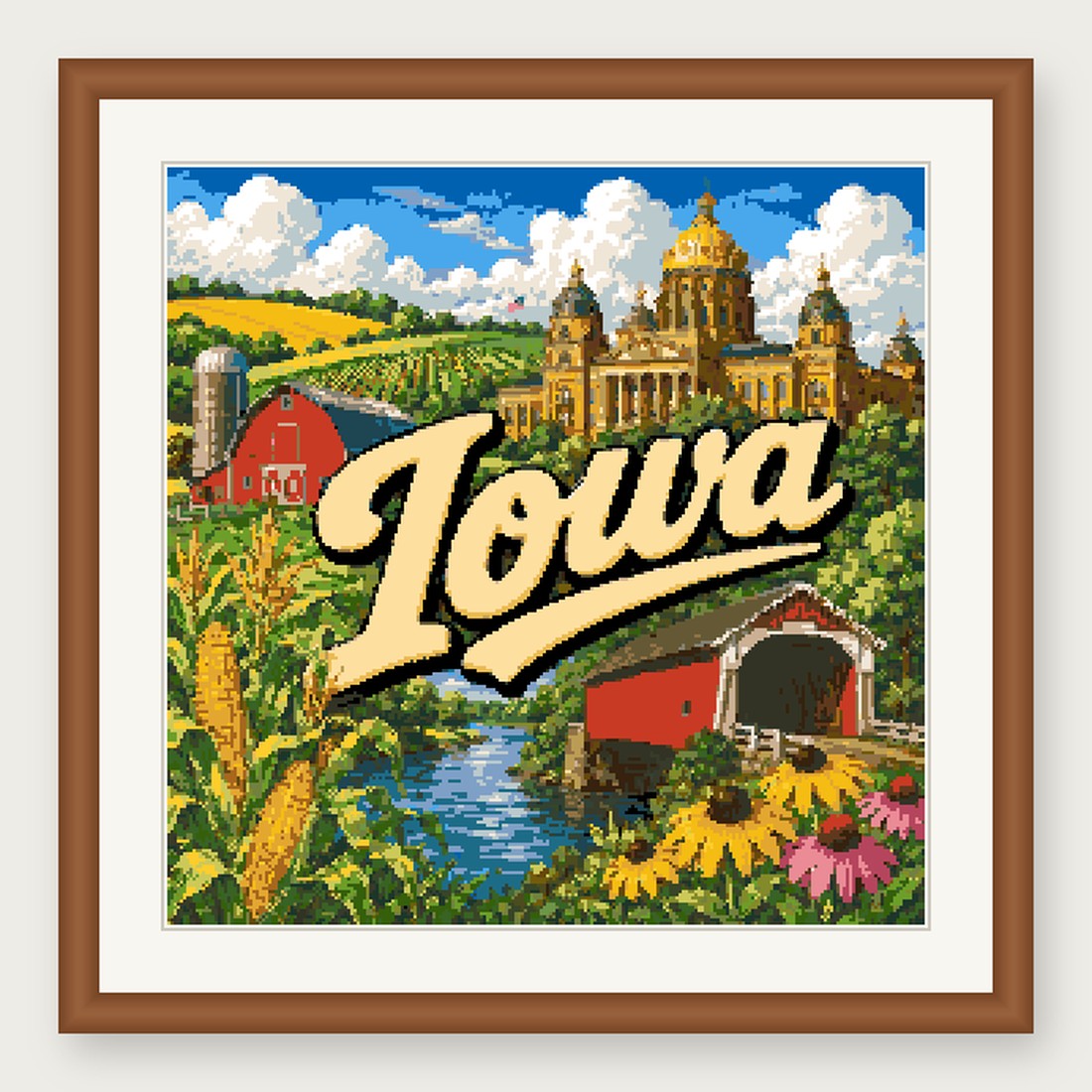 Iowa State Cross Stitch Pattern, Vintage Travel Poster Souvenir PDF