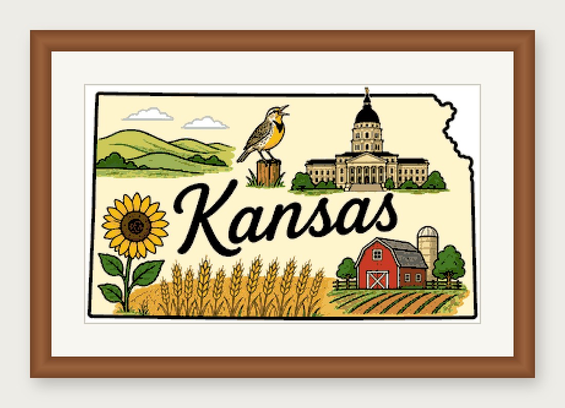 Kansas State Cross Stitch Pattern, State Shape Travel Souvenir PDF