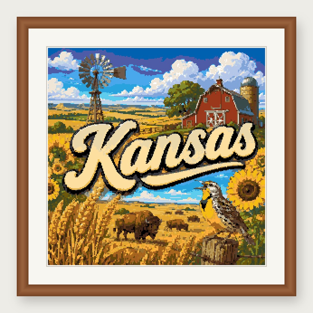 Kansas State Cross Stitch Pattern, Vintage Travel Poster Souvenir PDF