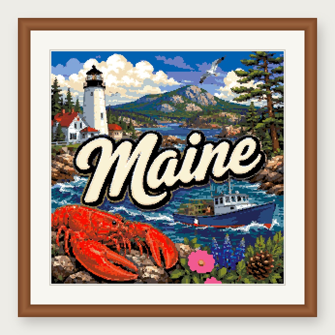 Maine State Cross Stitch Pattern, Vintage Travel Poster Souvenir PDF