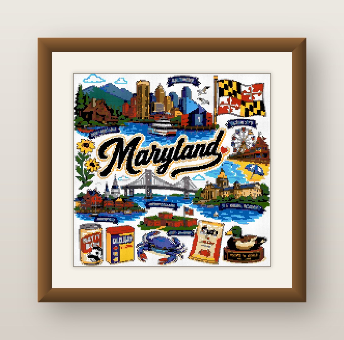 Maryland State Cross Stitch Pattern, Baltimore Crab Travel Souvenir PDF