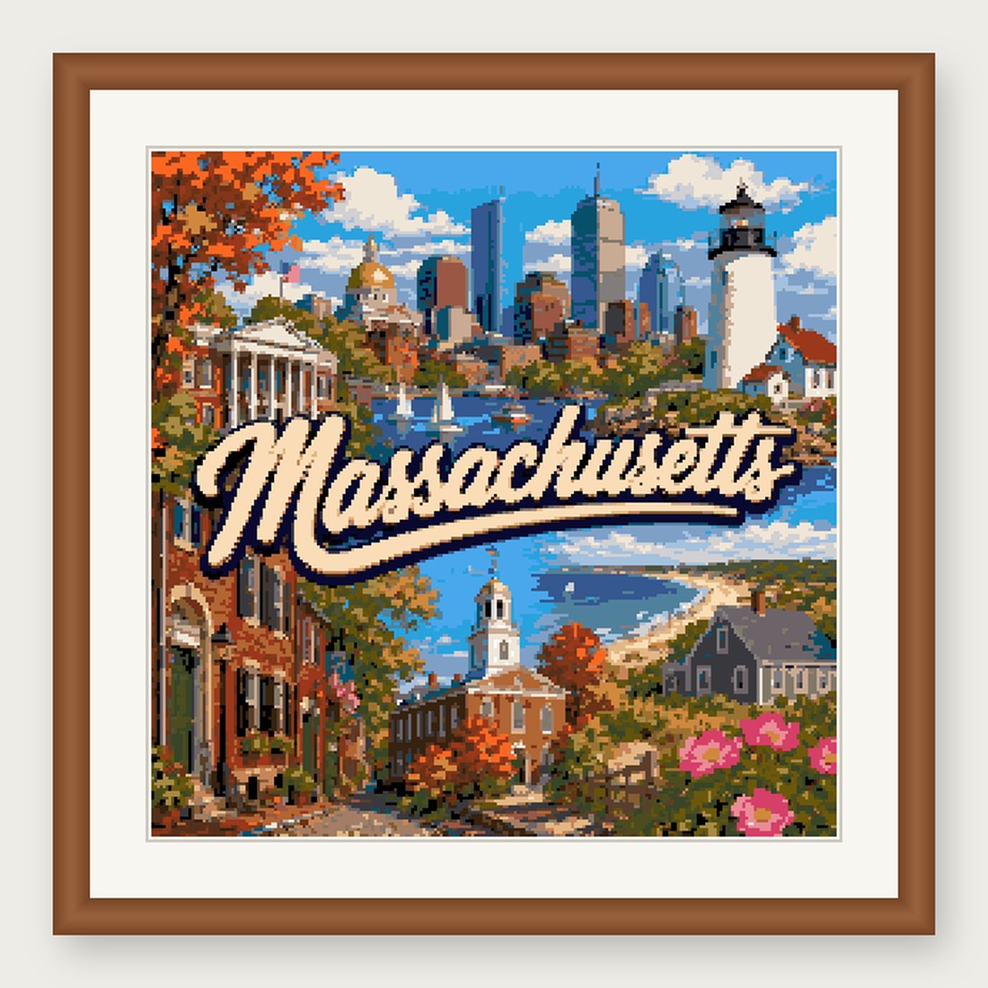 Massachusetts State Cross Stitch Pattern, Vintage Travel Poster Souvenir PDF