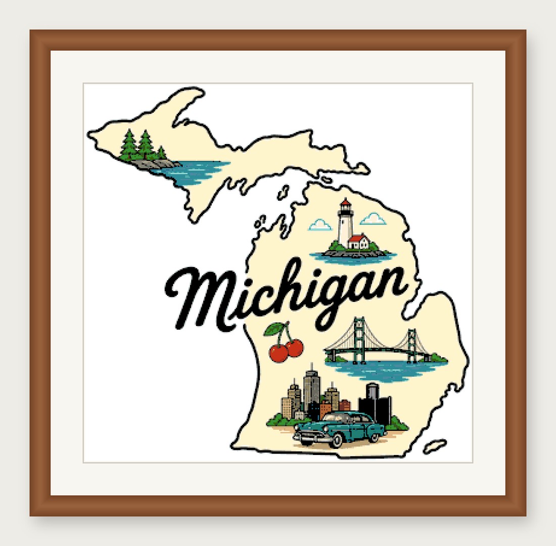 Michigan State Cross Stitch Pattern, State Shape Travel Souvenir PDF