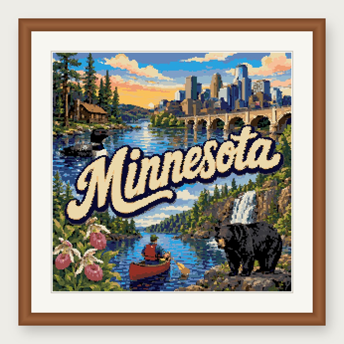 Minnesota State Cross Stitch Pattern, Vintage Travel Poster Souvenir PDF
