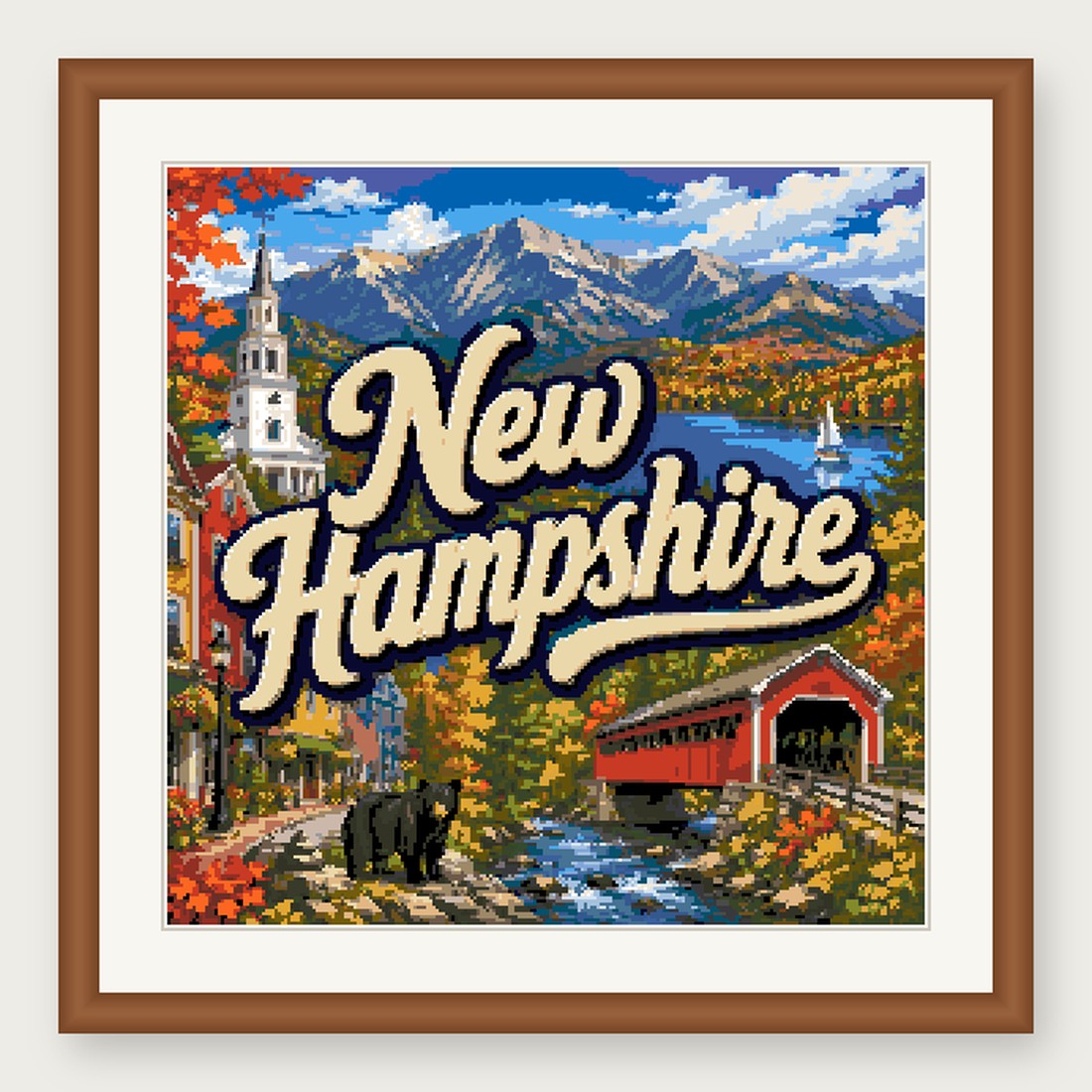 New Hampshire State Cross Stitch Pattern, Vintage Travel Poster Souvenir PDF