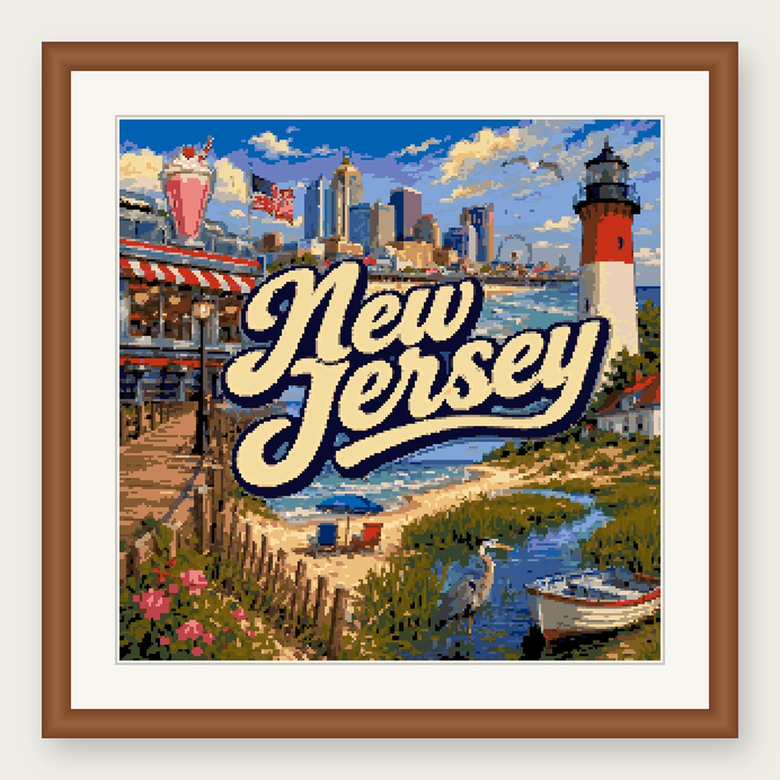 New Jersey State Cross Stitch Pattern, Vintage Travel Poster Souvenir PDF