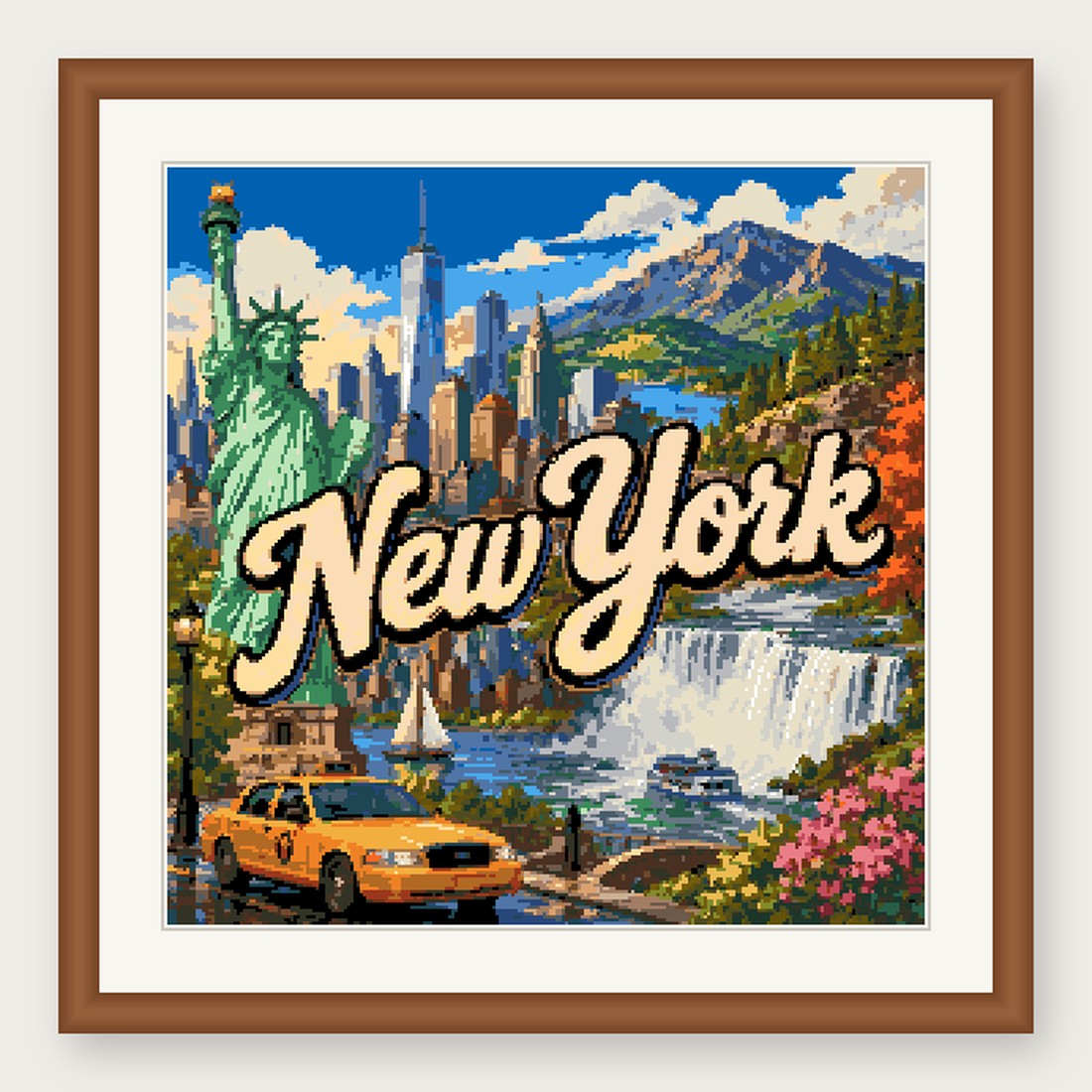 New York State Cross Stitch Pattern, Vintage Travel Poster Souvenir PDF