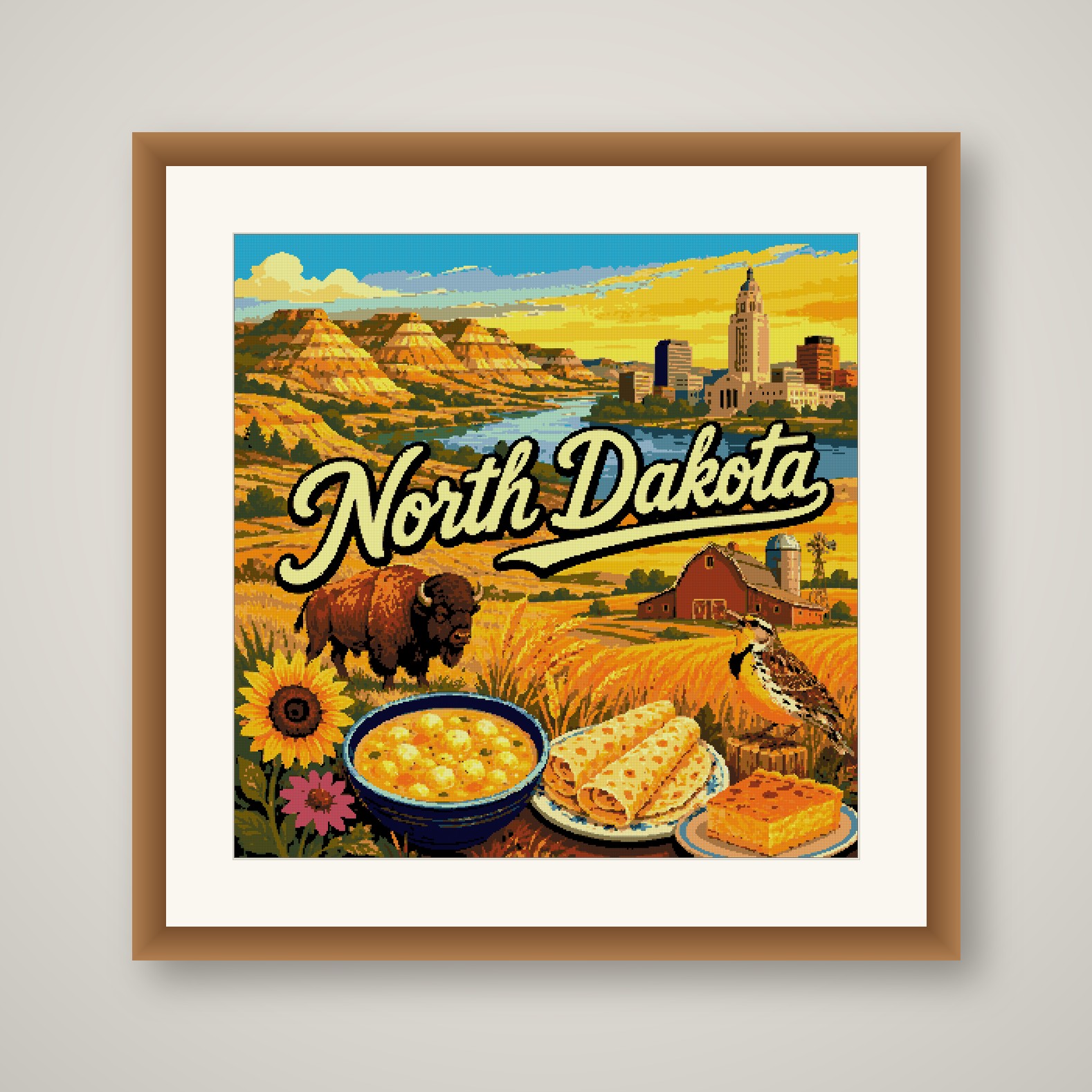 North Dakota Cross Stitch Pattern, State Travel Poster Landscape PDF