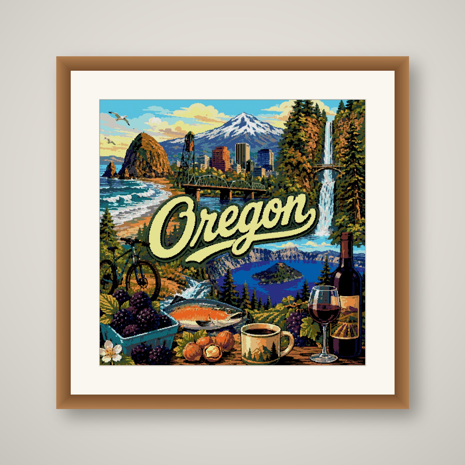 Oregon Cross Stitch Pattern, State Travel Poster Landscape Wall Art PDF
