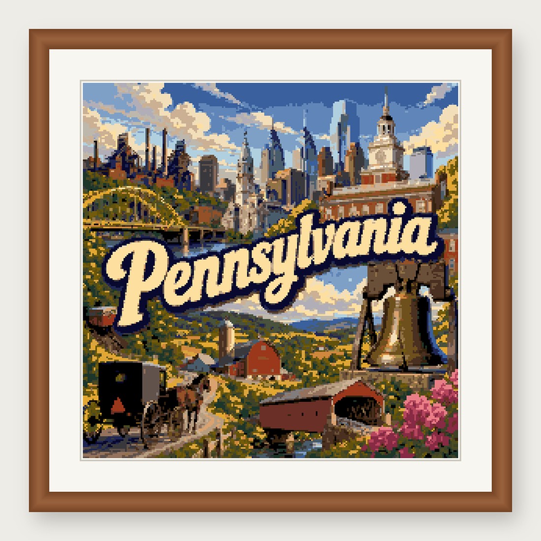 Pennsylvania State Cross Stitch Pattern, Vintage Travel Poster Souvenir PDF