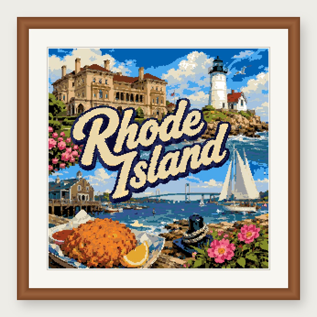 Rhode Island State Cross Stitch Pattern, Vintage Travel Poster Souvenir PDF