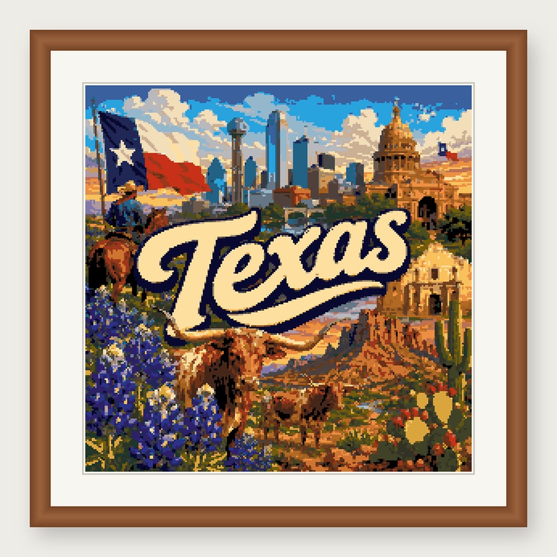 Texas State Cross Stitch Pattern, Vintage Travel Poster Souvenir PDF