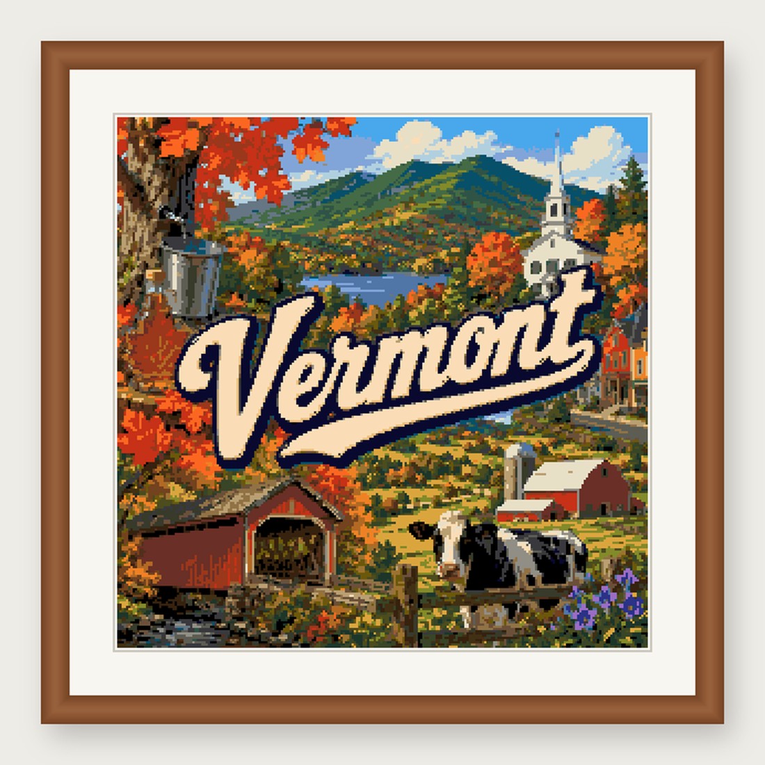 Vermont State Cross Stitch Pattern, Vintage Travel Poster Souvenir PDF