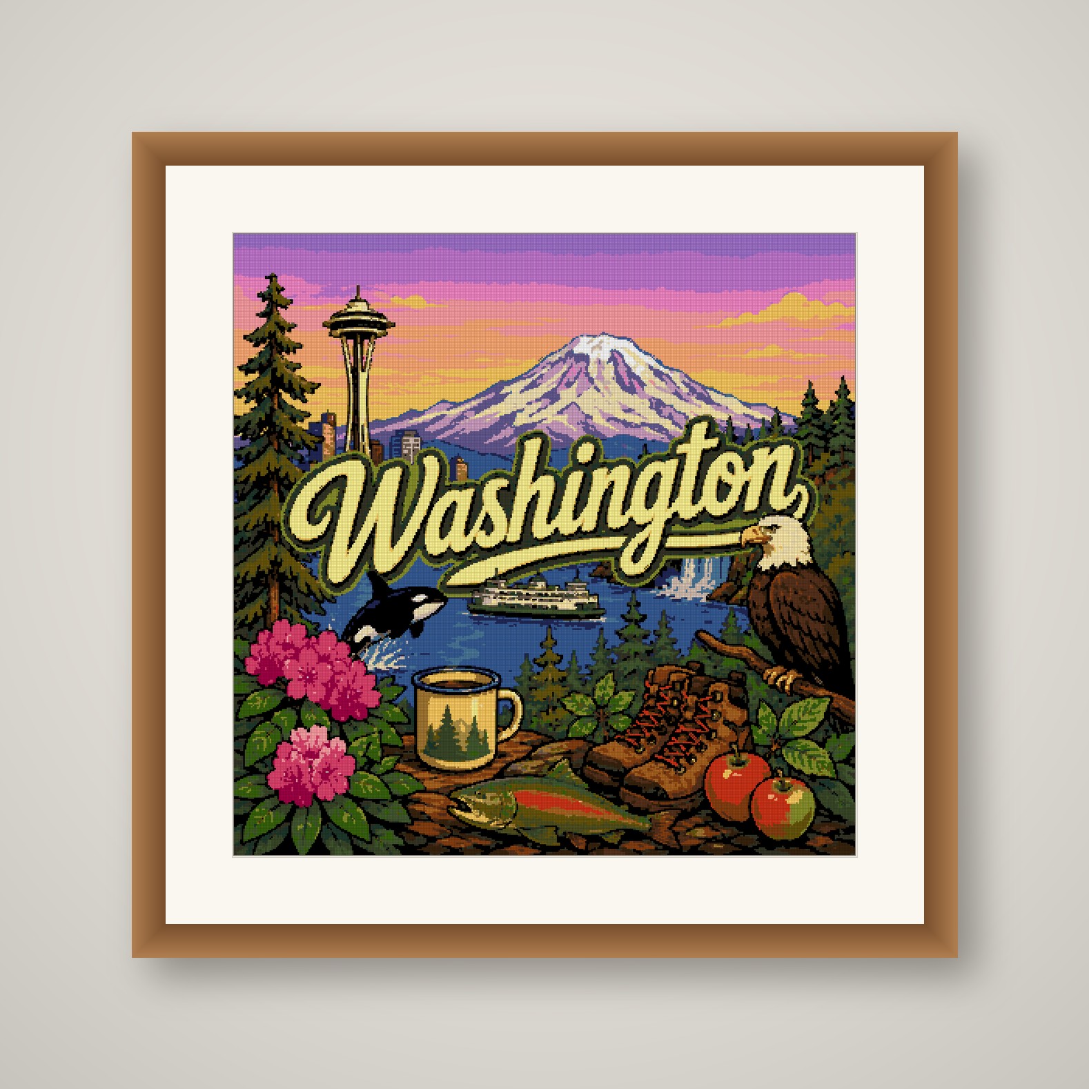 Washington Cross Stitch Pattern, State Travel Poster Landscape Wall Art PDF