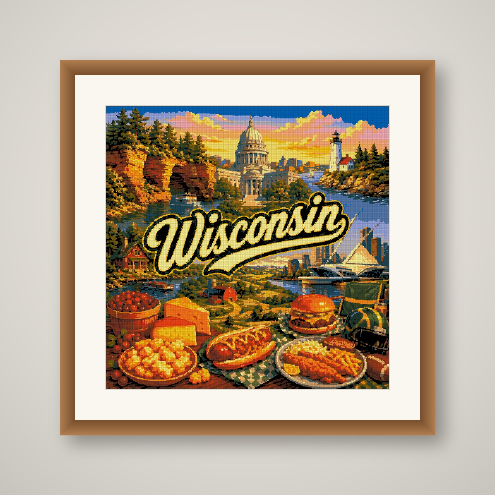 Wisconsin Cross Stitch Pattern, State Travel Poster Landscape Wall Art PDF