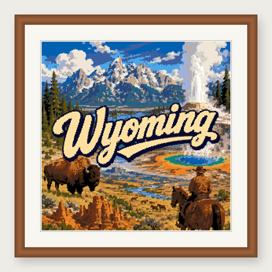 Wyoming State Cross Stitch Pattern, Vintage Travel Poster Souvenir PDF