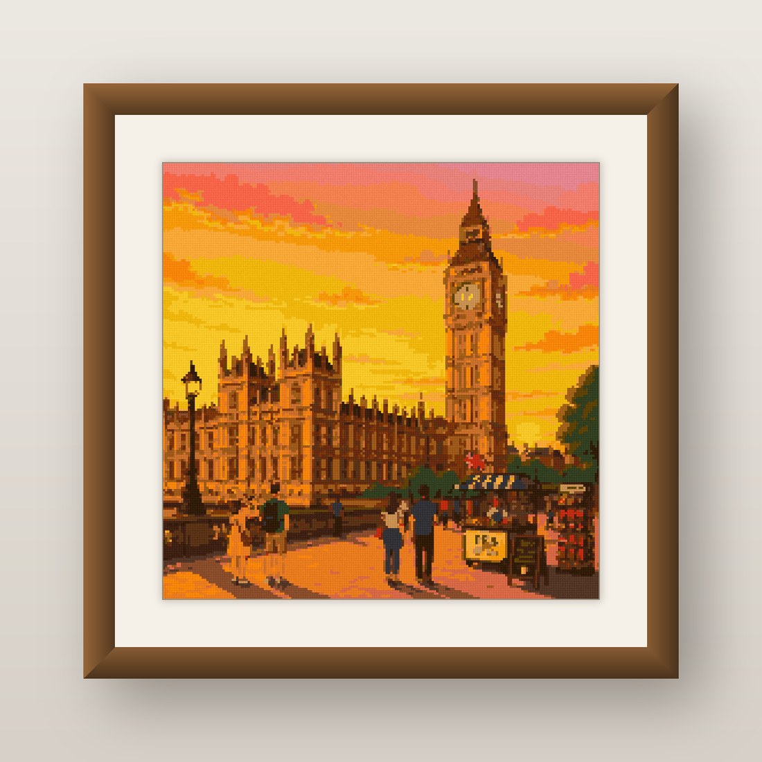 London Sunset Cross Stitch Pattern, Big Ben Street Tea Cart PDF
