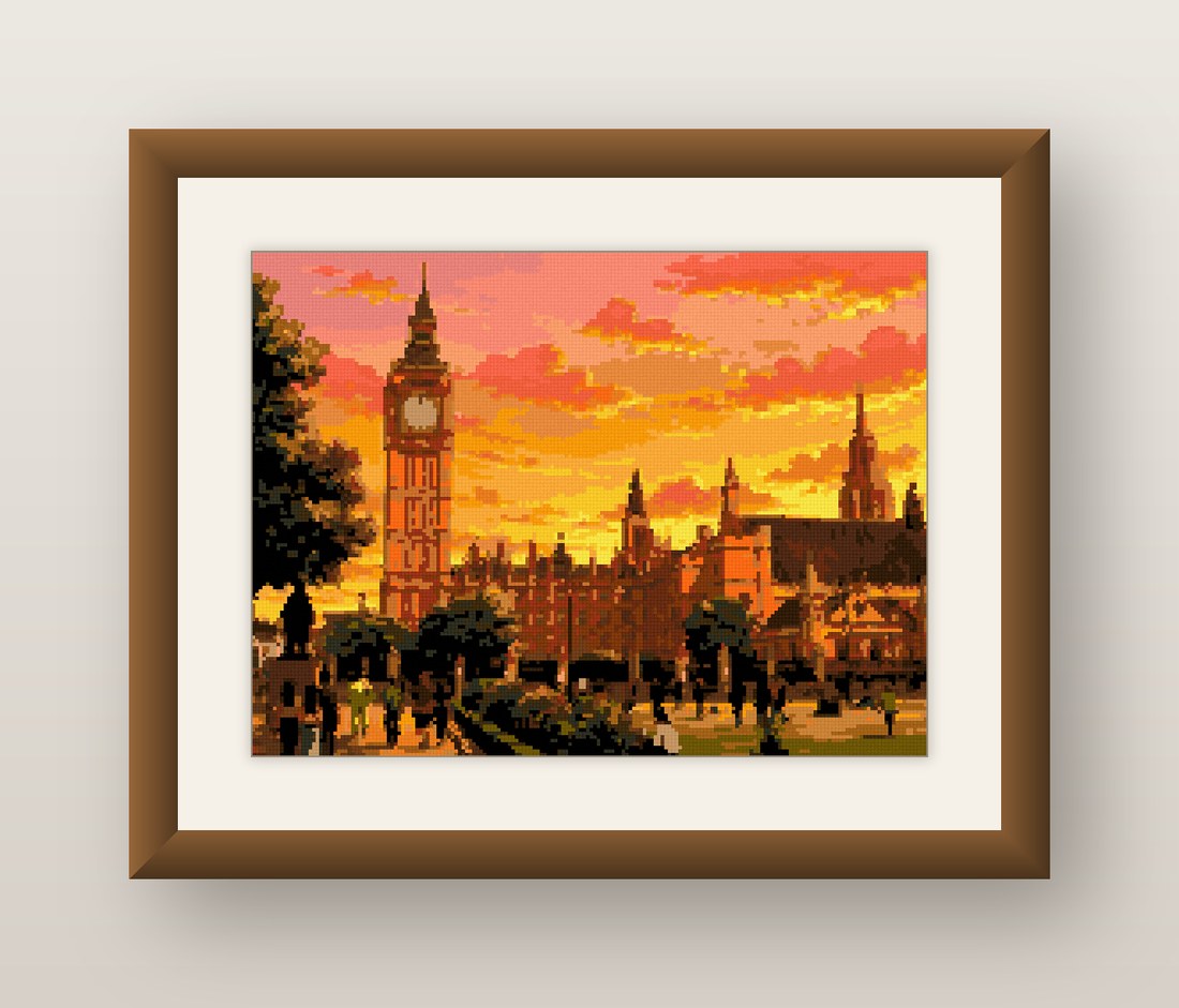 Big Ben at Sunset Cross Stitch Pattern, London Parliament Sky PDF