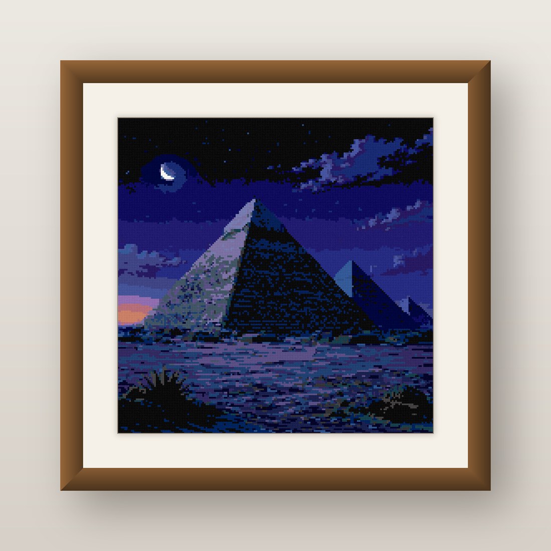 Pyramids Night Cross Stitch Pattern, Egypt Crescent Moon Desert PDF